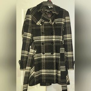 DKNY Women's Black and White Plaid Pea Coat Wool Belt Double-Breasted Size 4